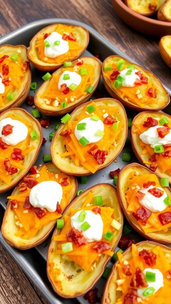Crispy loaded potato skins topped with cheese, bacon, and sour cream on a rustic platter.